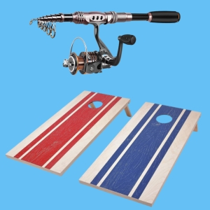 One red and one blue boards for cornhole game and one silver and black fishing pole rod and reel.