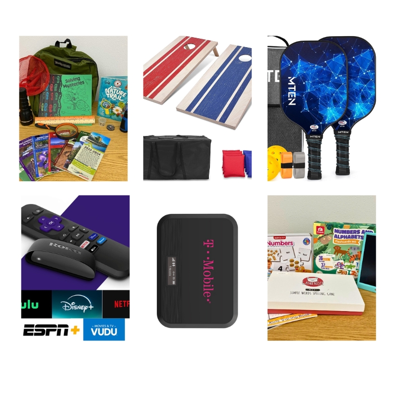 A grid of 6 different items the library checks out. Park packs, cornhole, pickleball paddles, rokus, hotspots and early literacy kit