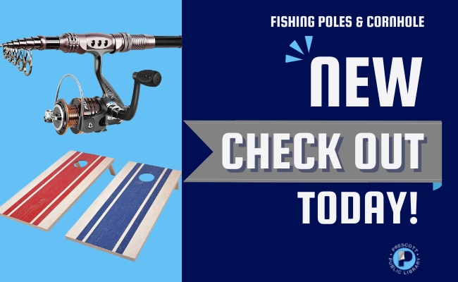 new items to checkout at the library. fishing pole and cornhole boards