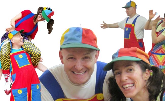 Man and women wearing clown clothes. mixed nuts comedy duo