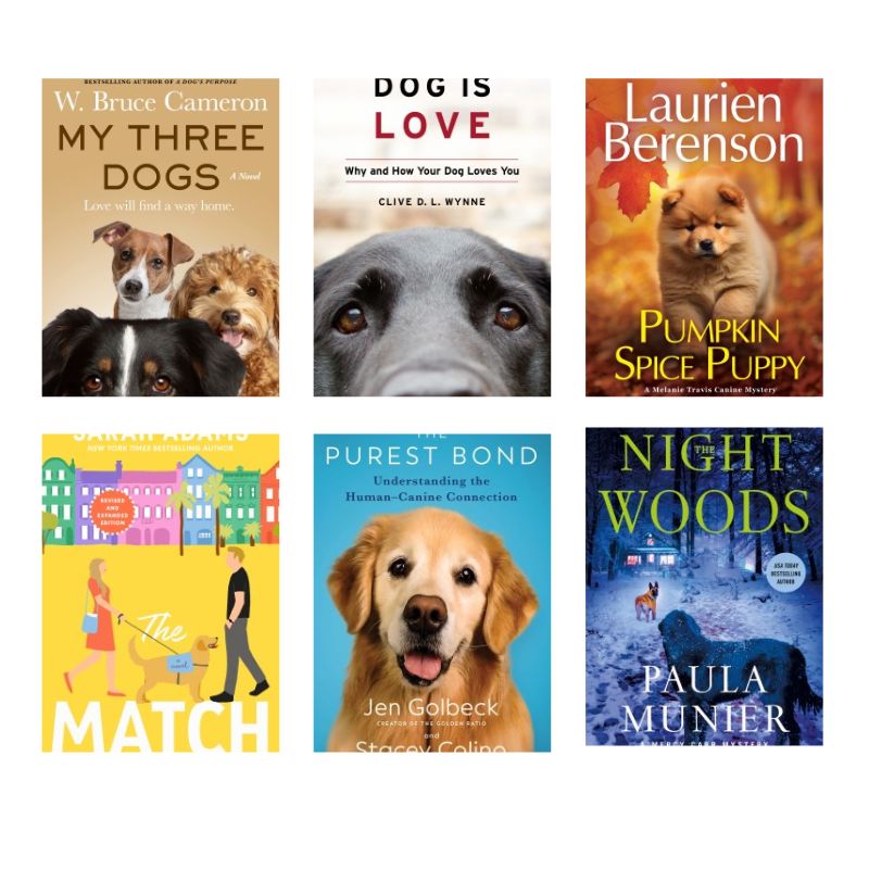 a grid of 6 books about dogs