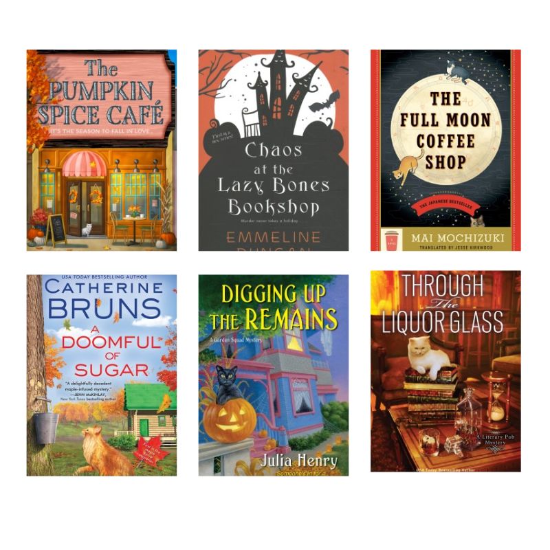 a grid of 6 books with the theme cozy autumn mysteries.