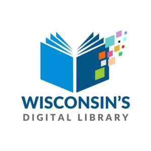 Wisconsin's Digital library logo with blue open book with multicolored squares floating off the right side cover