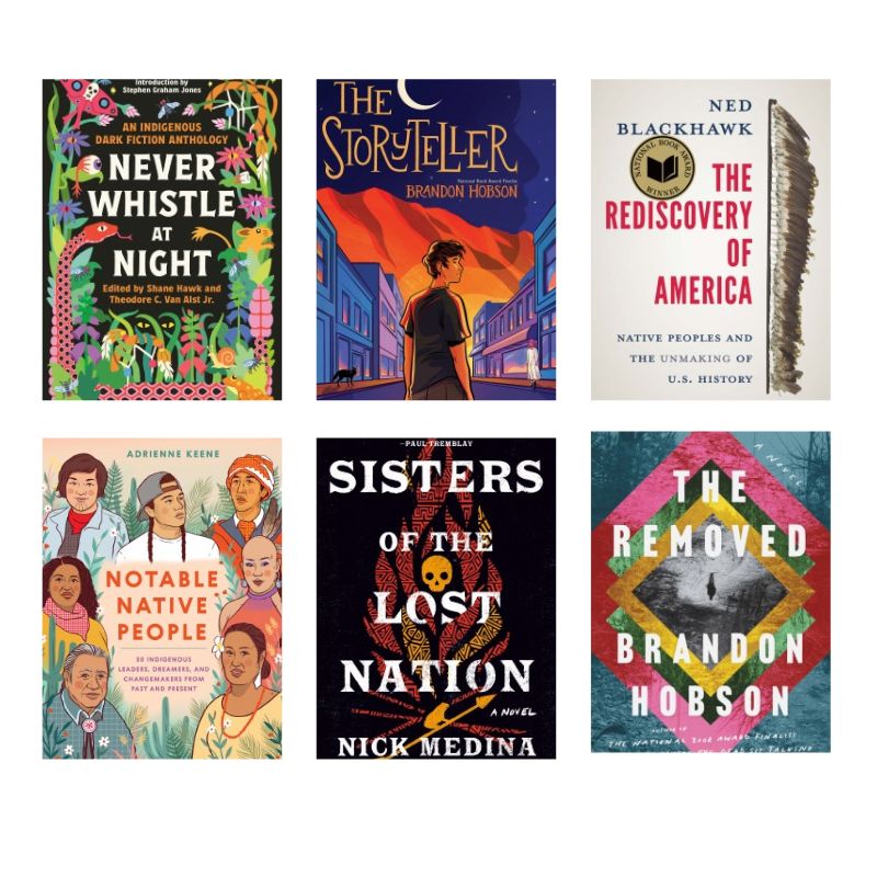 A 3 by 3 grid of book covers about native american stories.