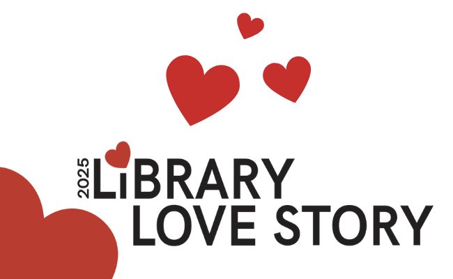 2025 Library Love Story logo with red hearts