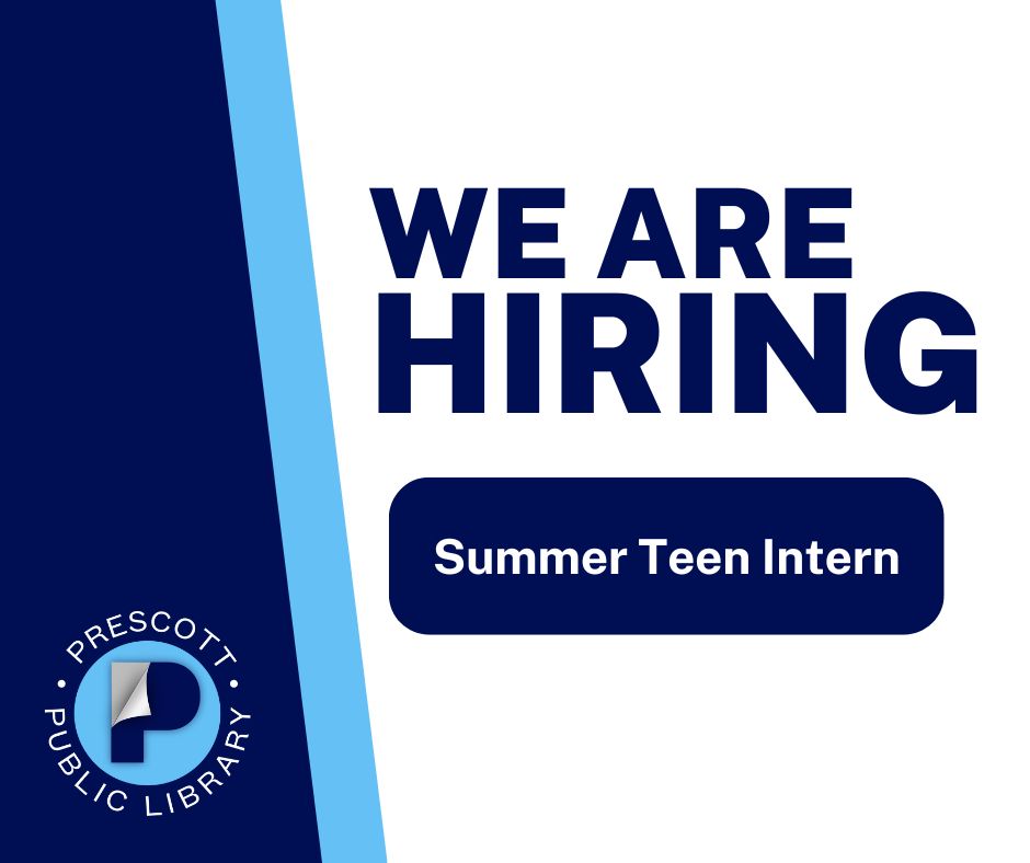 Summer teen intern Prescott public library logo. We are hiring for a summer teen intern