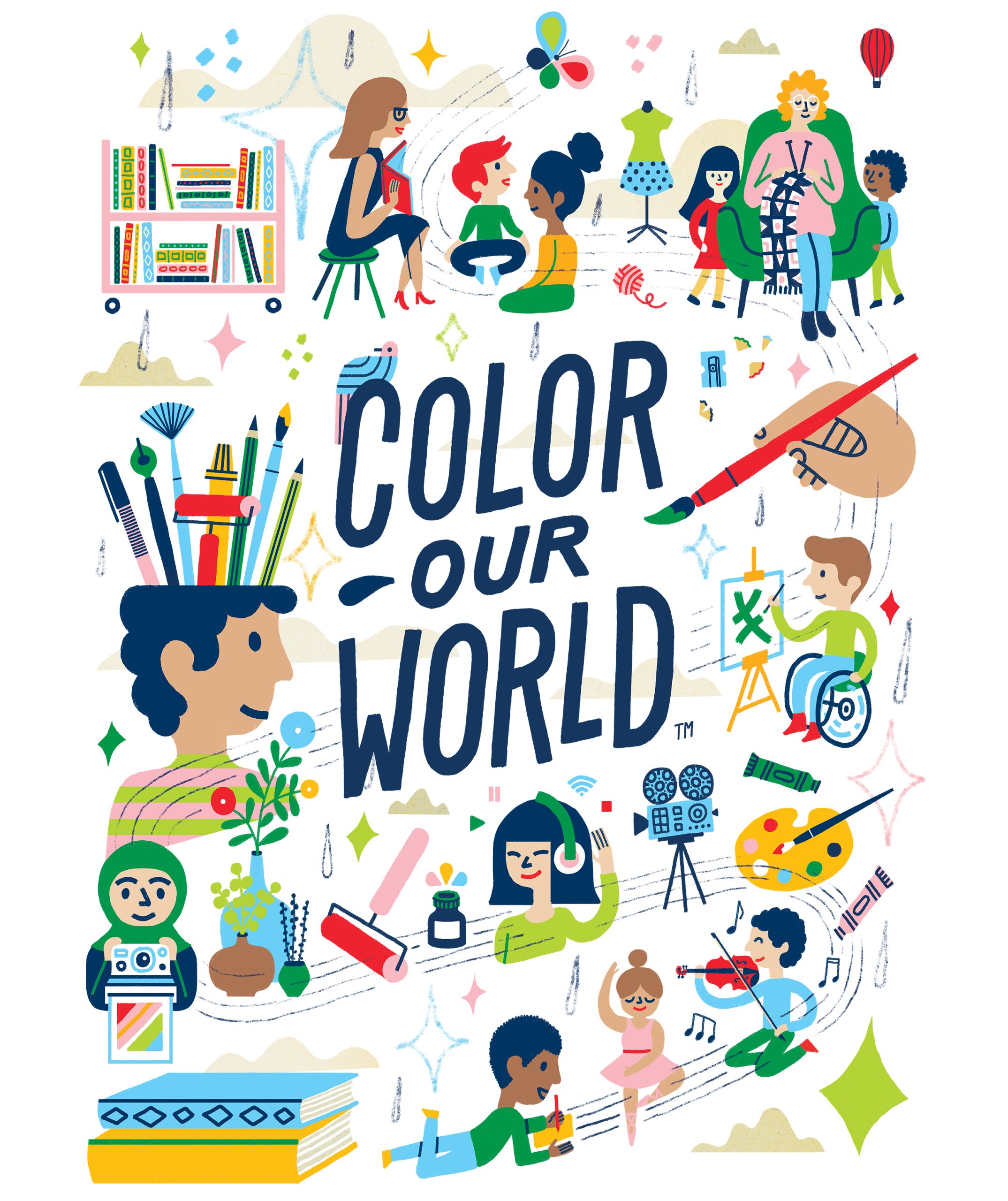 A colorful poster titled "Color Our World," featuring a rainbow of colors and abstract designs promoting creativity and diversity.