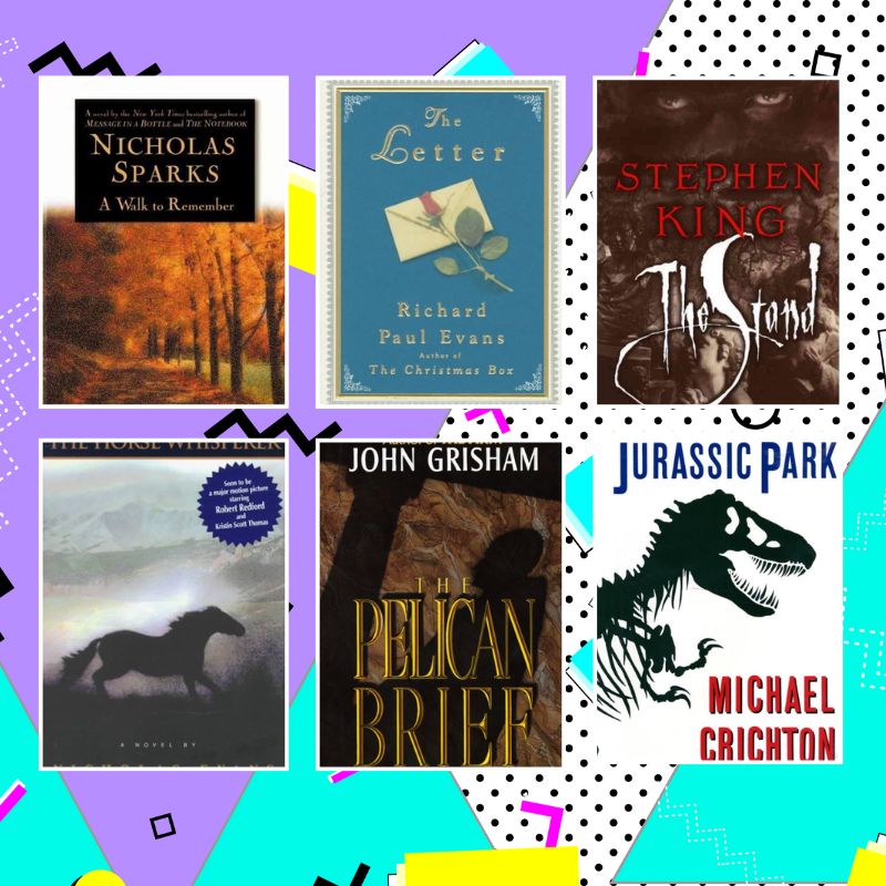 A collection of 6 books showcasing best adult books of the 90s with a colorful 90s era background and designs
