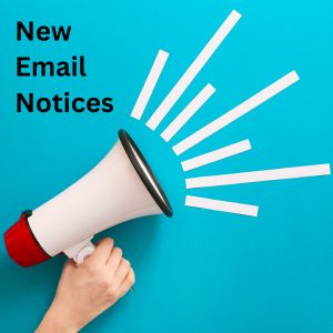 a hand holding a white and red megaphone in front of a blue background with New Email notices on top