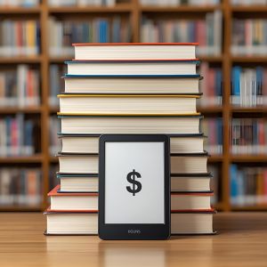 a stack of library books on a table with an e-reader device in front. Bookshelves in the background