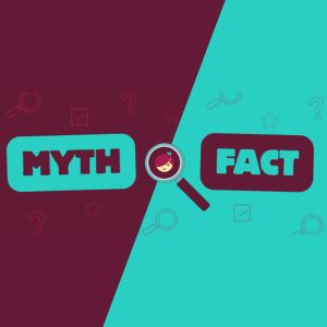 A split image with "Myth" on a dark background and "Fact" on a light background, separated by a magnifying glass with the Libby logo inside