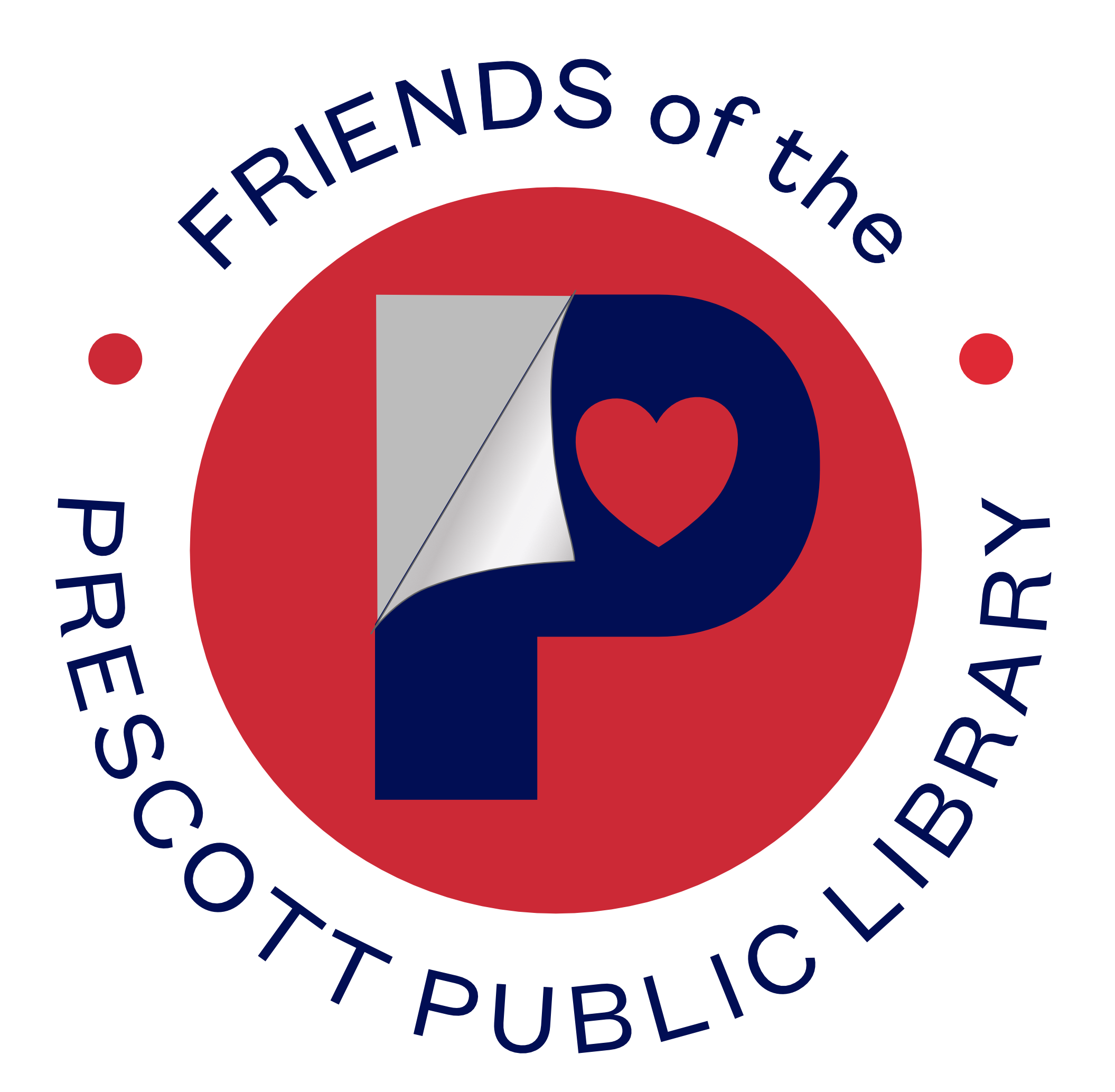 Logo of Friends of the Prescott Public Library with a stylized letter "P" and heart.