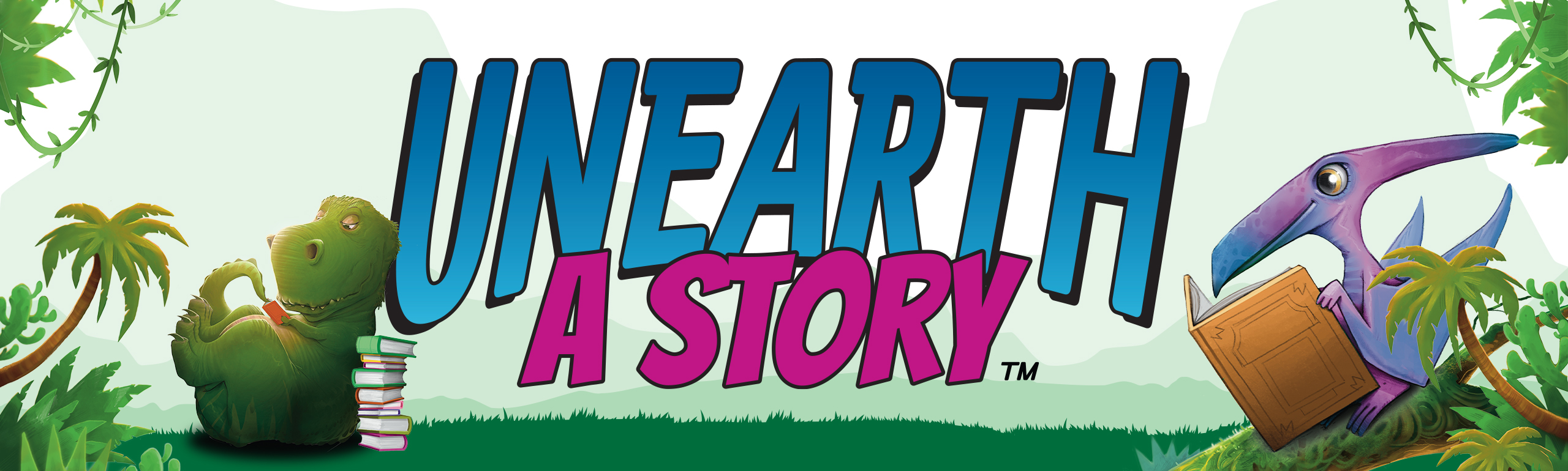 Two cartoon dinosaurs in a jungle reading with the text UNEARTH A STORY.