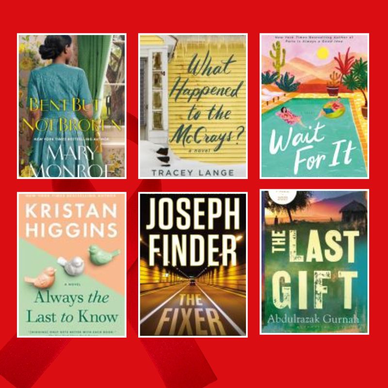 A grid of six diverse fiction book covers about strokes on a red background with a red ribbon symbolizing Stroke Awareness month. 