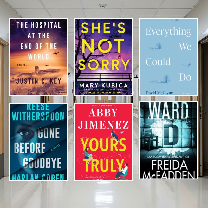 Six book covers about hospitals and doctors displayed on a hospital corridor background.