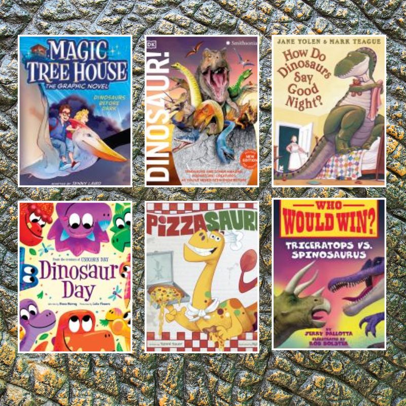 a grid of 6 children's book covers about dinosaurs in front of a dinosaur skin background.