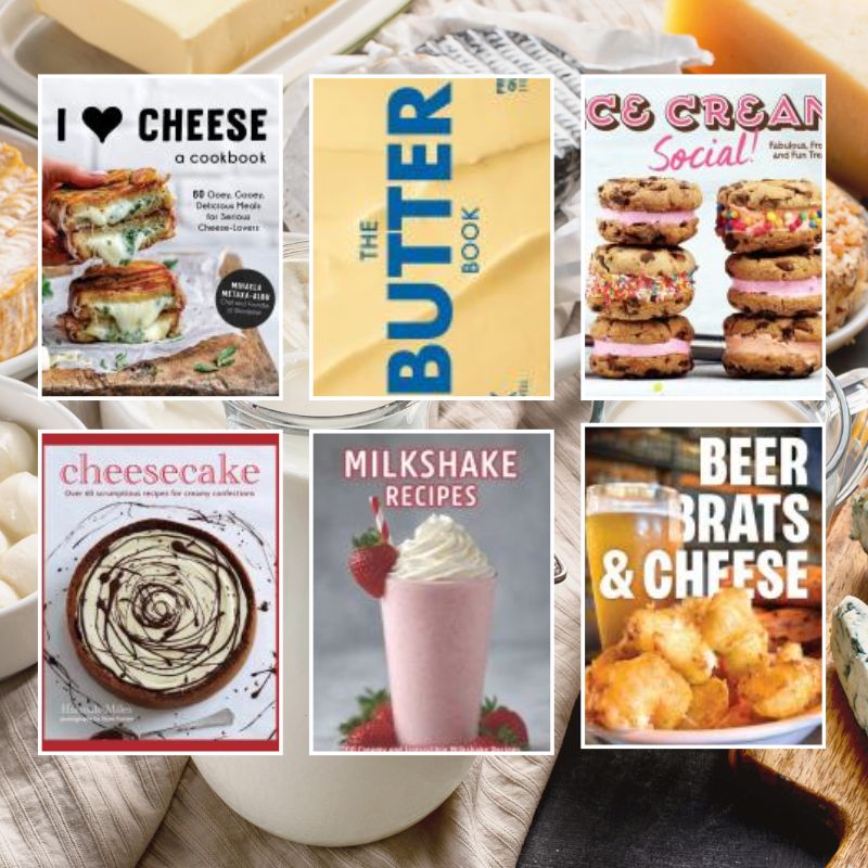 A collage of 6 cookbook covers with dairy recipes on a background with cheese, butter, and milk. 