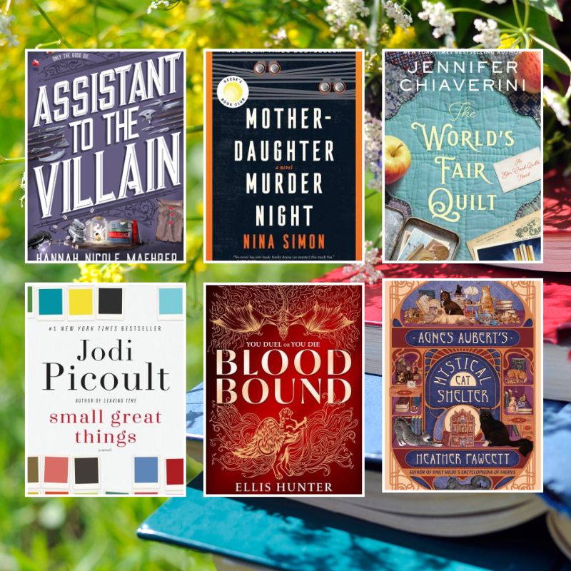 2026 website booklist template a collage of six book covers of what the librarians are reading on a sunny and grassy background