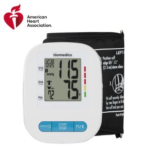 A blood pressure monitor and cuff with an American Heart Association logo in the corner