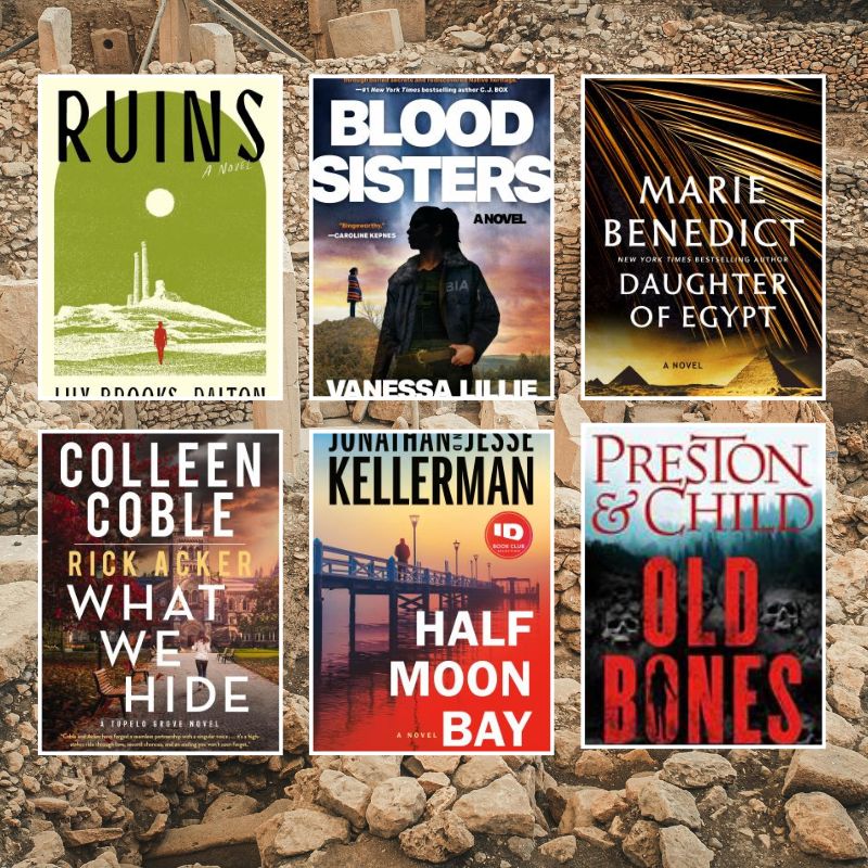 A grid of six book covers against a rocky background, featuring titles like "RUINS," "BLOOD SISTERS," and "OLD BONES."