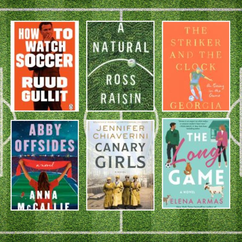 A collage of 6 book covers about soccer in front of a green soccer field background